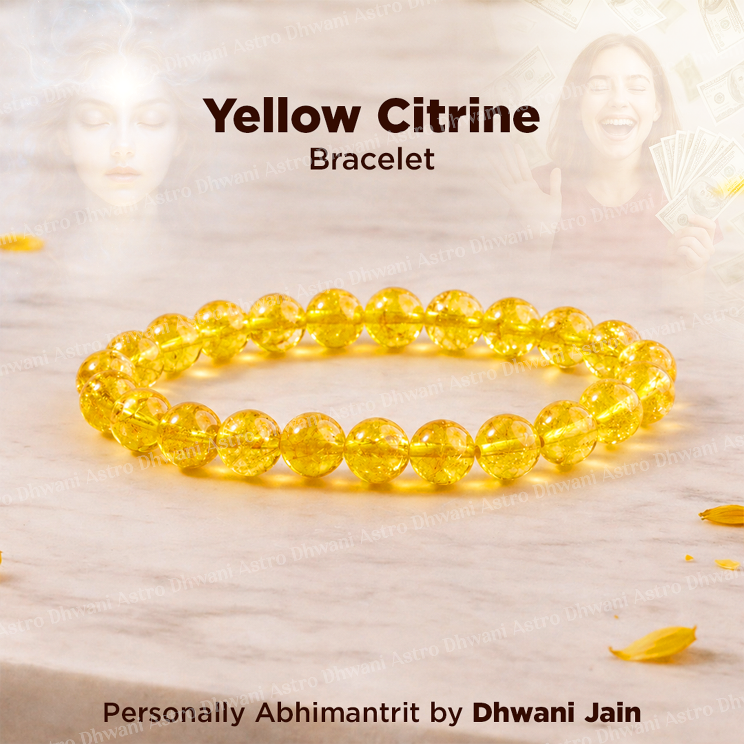 Yellow citrine bracelet on a light background with text indicating brand and product details.