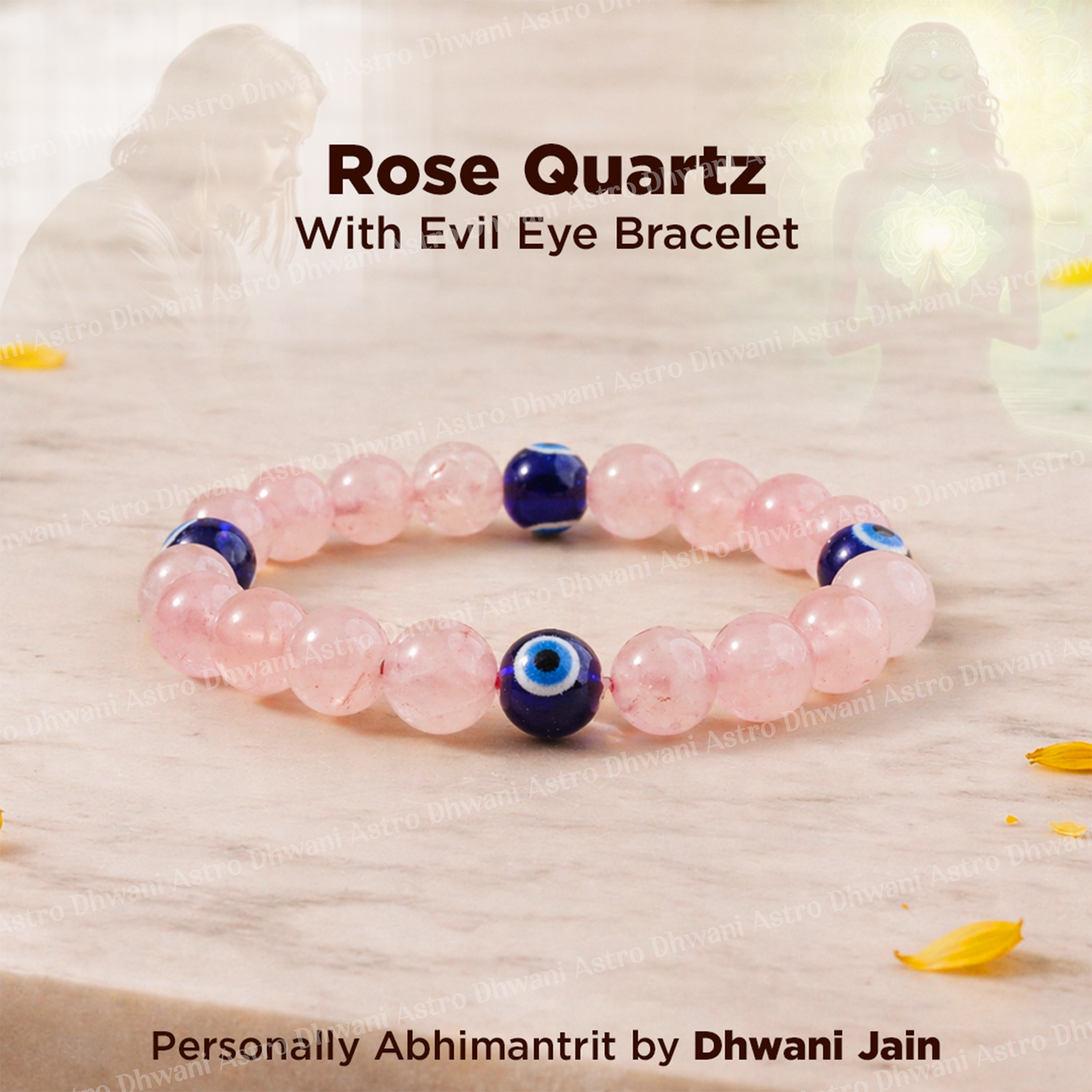 Rose Quartz with Evil Eye Bracelet on a light wooden surface