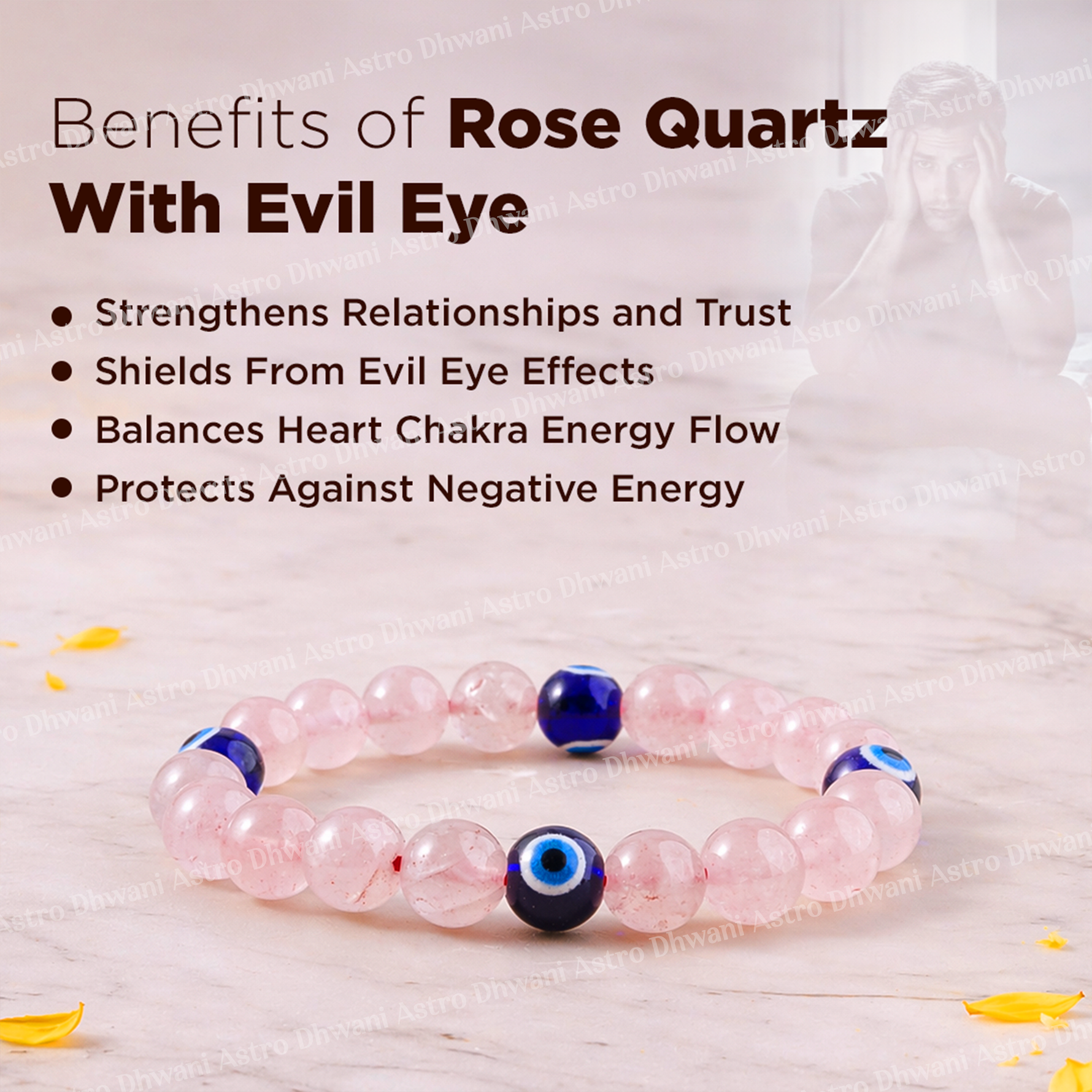 Rose Quartz bracelet with evil eye beads on a light background, featuring text about the benefits of rose quartz.Rose Quartz with Evil Eye Bracelet for Love & Relationship Protection