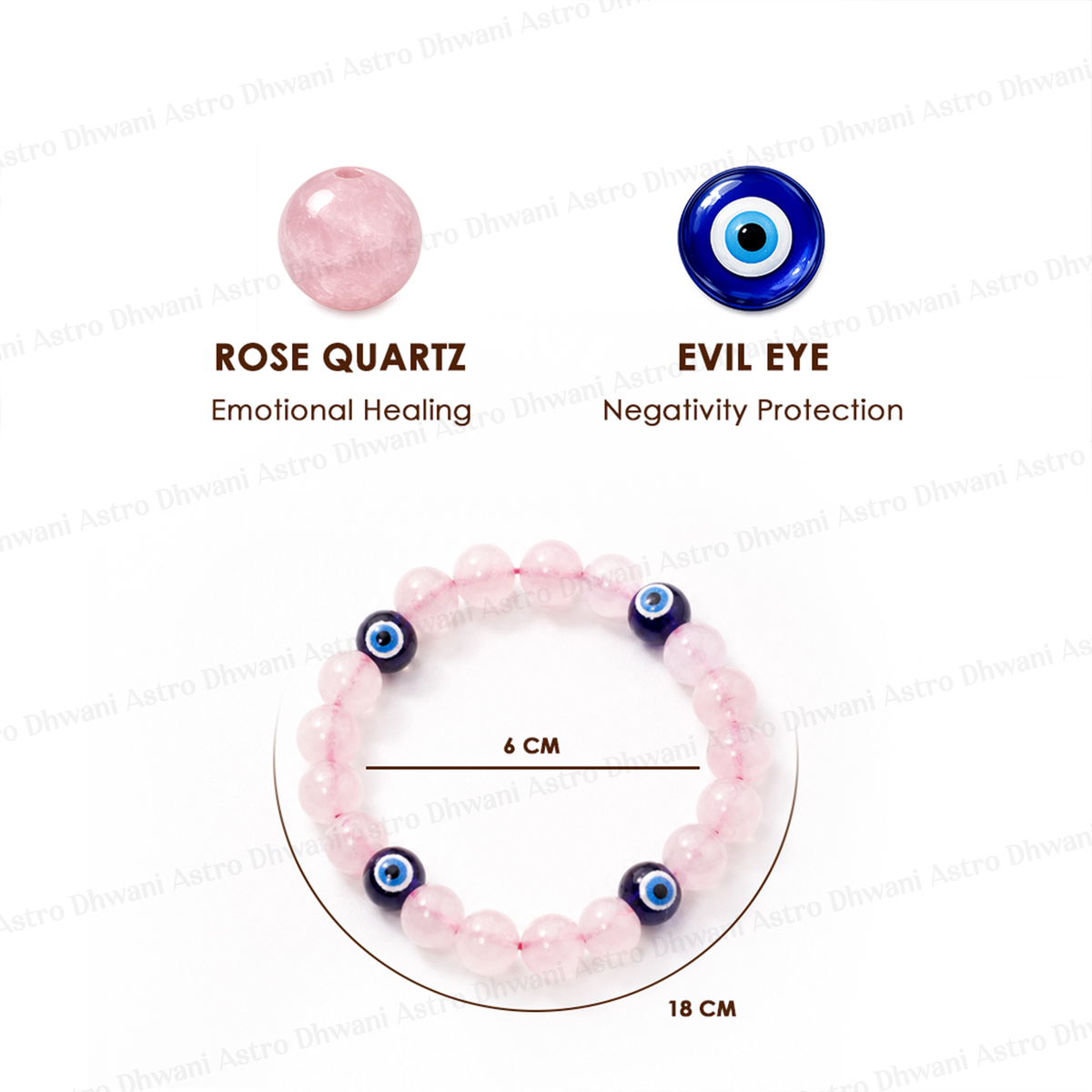 Rose Quartz and Evil Eye bracelet with measurements on a white background