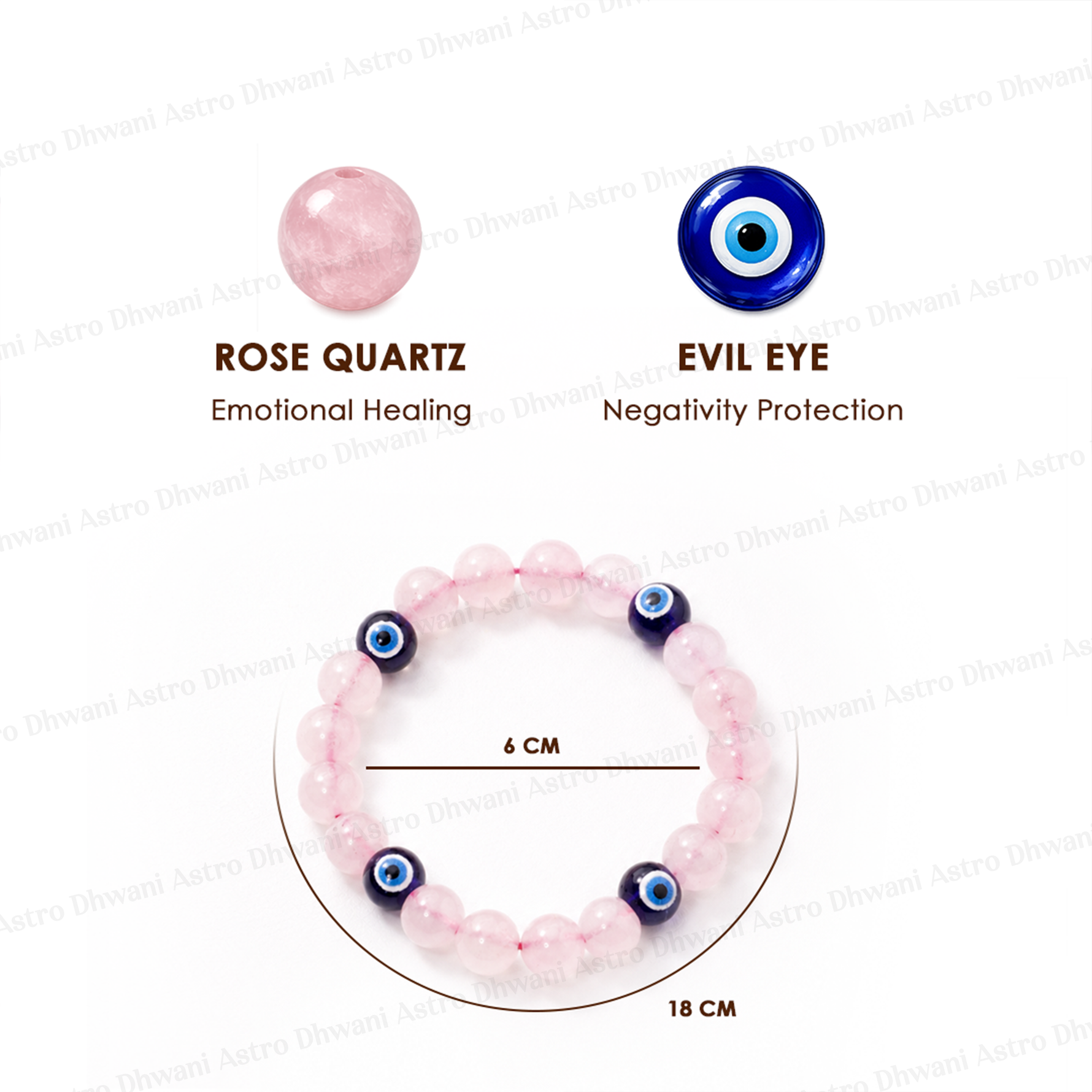Rose Quartz and Evil Eye bracelet with measurements on a white backgroundRose Quartz with Evil Eye Bracelet for Love & Relationship Protection