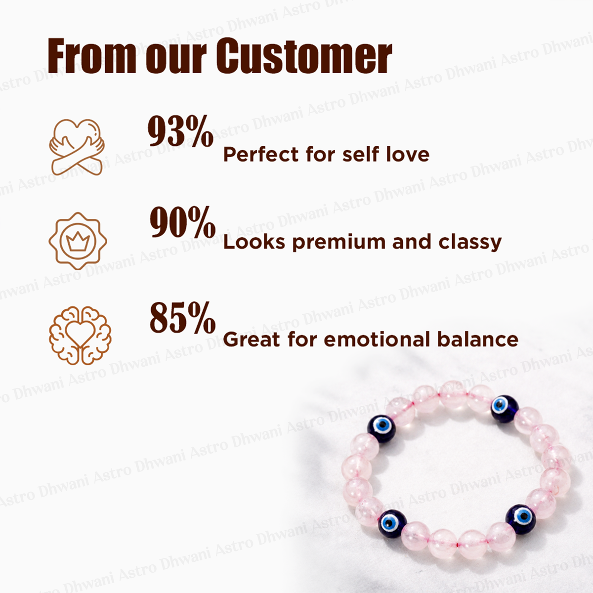 Bracelet with pink beads and blue eyes on a white background, surrounded by customer feedback text.
