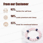 Bracelet with pink beads and blue eyes on a white background, surrounded by customer feedback text.