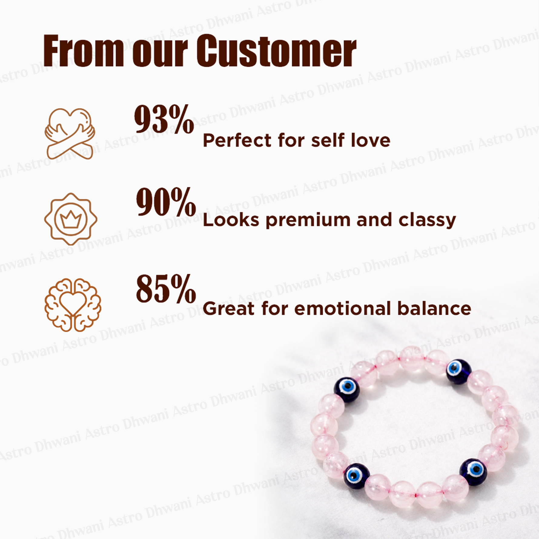 Bracelet with pink beads and blue eyes on a white background, surrounded by customer feedback text.Rose Quartz with Evil Eye Bracelet for Love & Relationship Protection