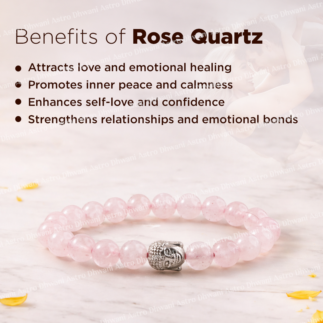 Rose Quartz bracelet with skull charm on a soft background, featuring the benefits of Rose Quartz.