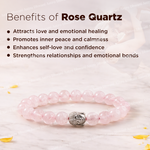 Rose Quartz bracelet with skull charm on a soft background, featuring the benefits of Rose Quartz.