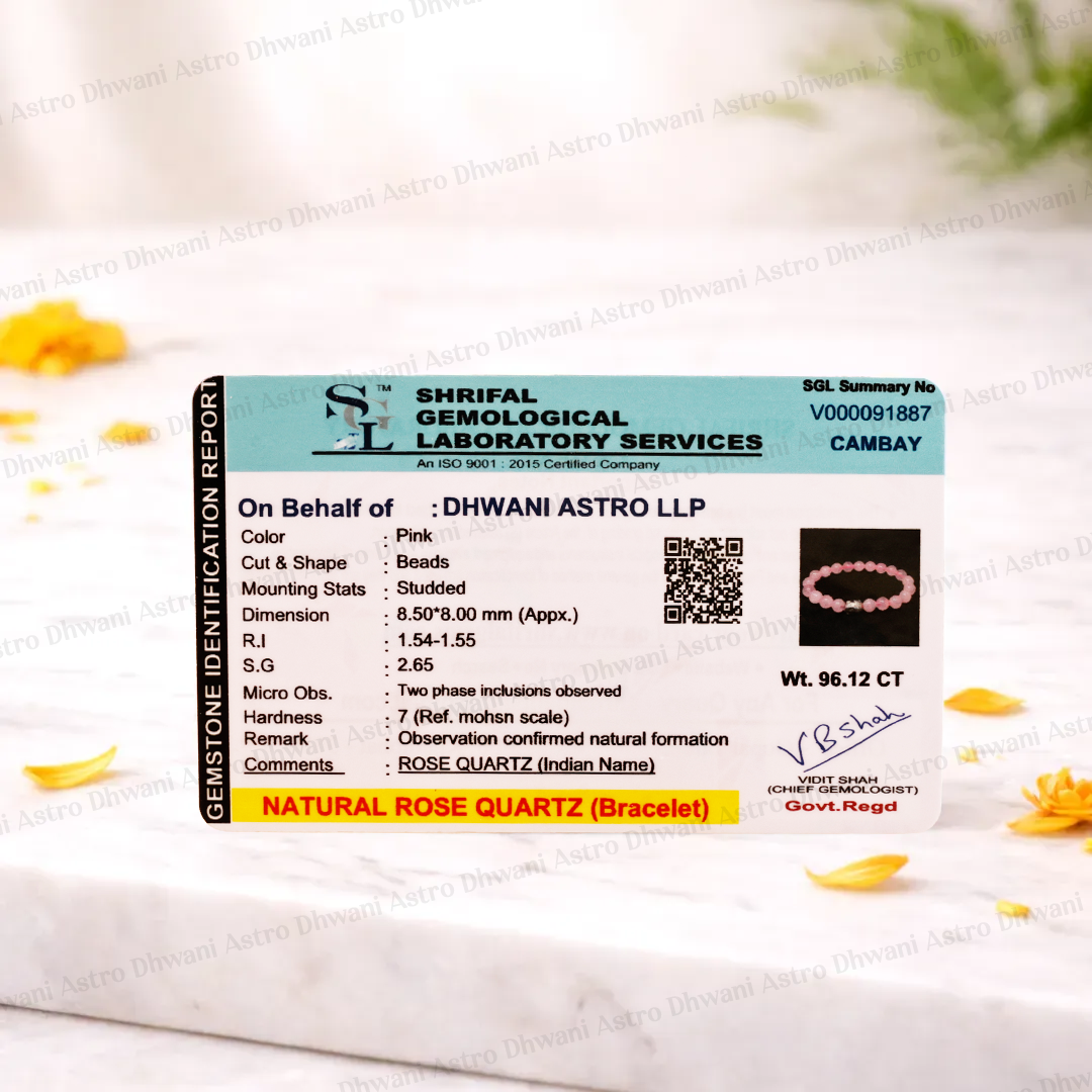 Shriful Gemological Laboratory Services identification report for a natural rose quartz bracelet on a white background with yellow flowers.Rose Quartz Bracelet for Love, Relationship Healing & Self-Love