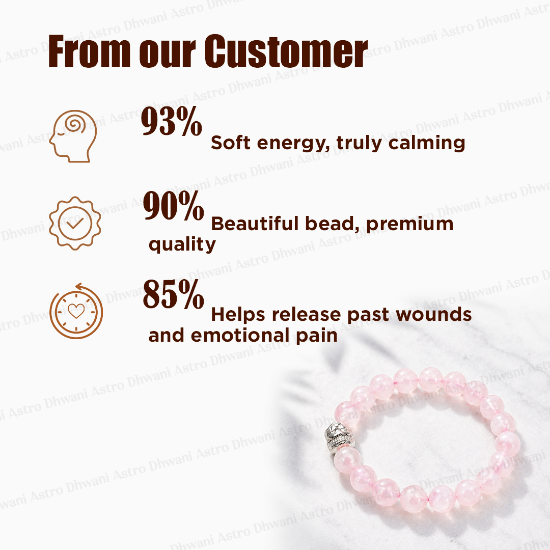 Pink beaded bracelet with customer feedback on a light background