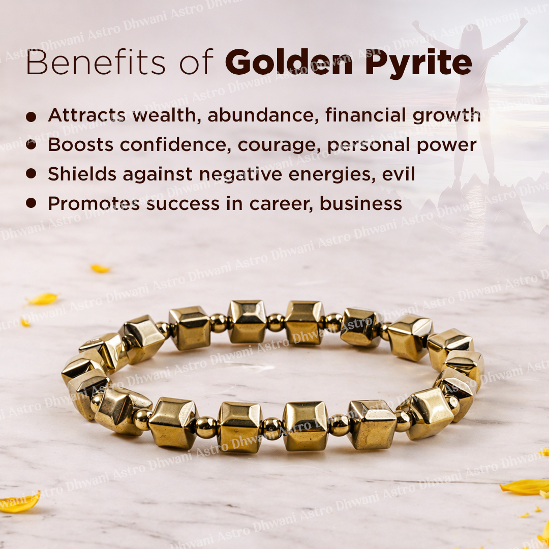 Gold bracelet with text on the benefits of golden pyrite on a light backgroundGolden Pyrite Cubical Bracelet for Wealth, Confidence & Protection