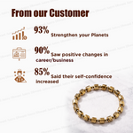 Gold bracelet with customer feedback statistics on a white background