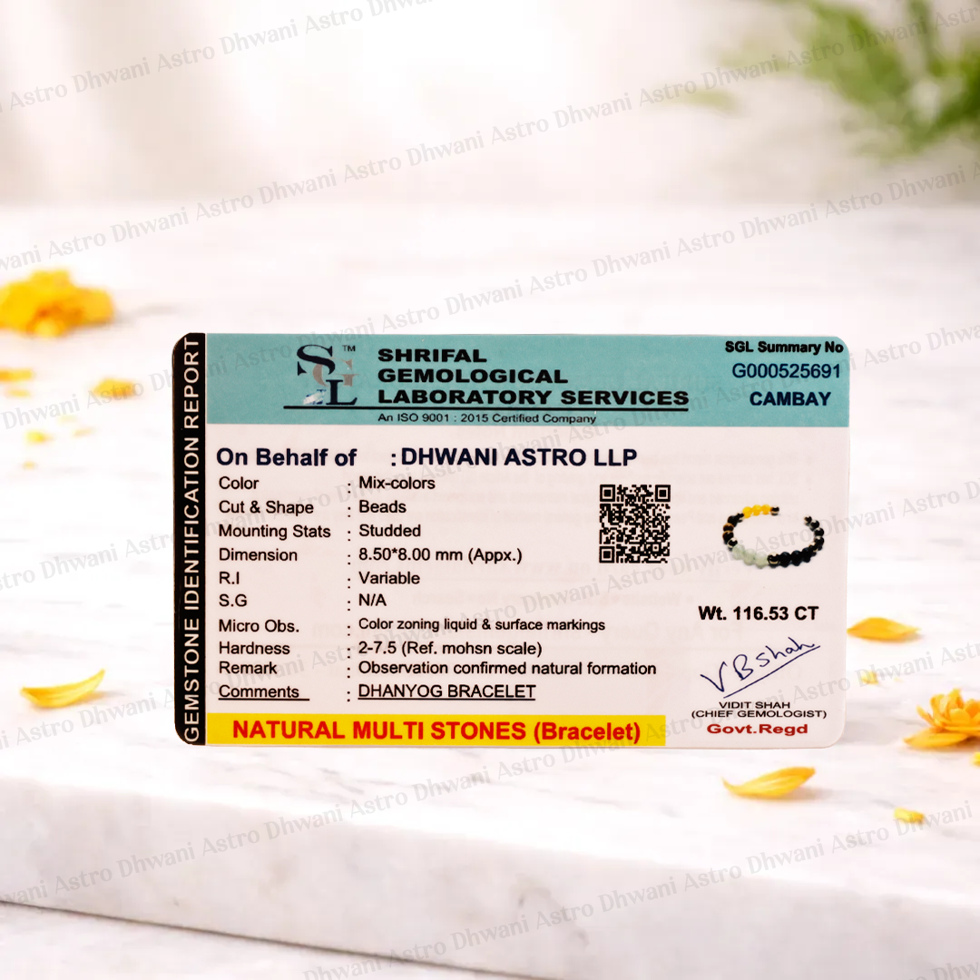 Identification report for a natural multi-stones bracelet on a marble surface with flowers.Dhan Yog Bracelet for Wealth, Prosperity & Financial Growth
