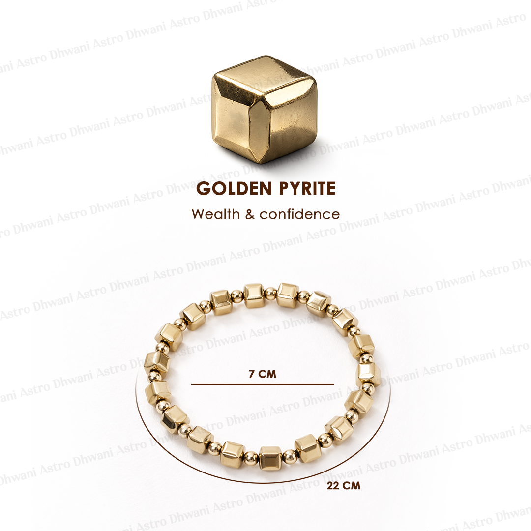 Gold bracelet with a cube-shaped Golden Pyrite stone on a white backgroundGolden Pyrite Cubical Bracelet for Wealth, Confidence & Protection