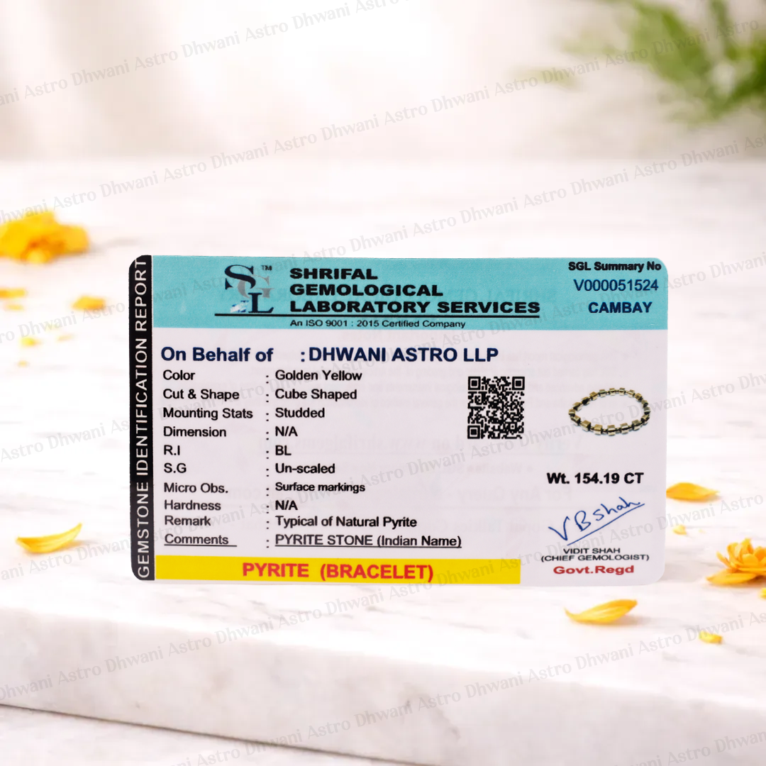 Shriraf Gemological Laboratory Services certificate for a pyrite bracelet on a white surface with yellow flowers.
