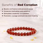 Red Carnelian bracelet with benefits listed on a light background