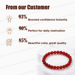 Red beaded bracelet with customer feedback on a light gray background