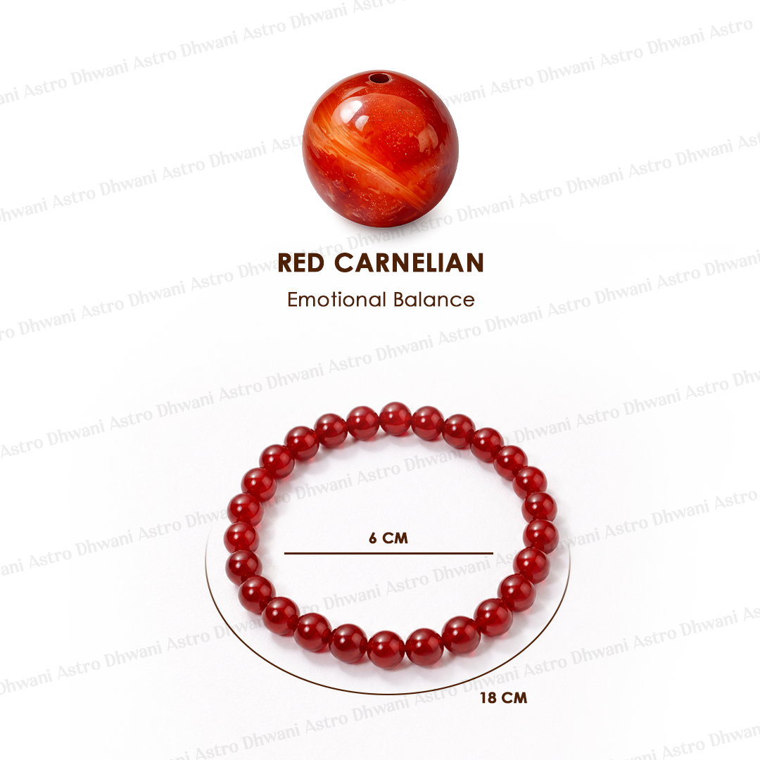 Red carnelian bead and bracelet on a white background with text indicating 'Emotional Balance'.
