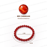 Red carnelian bead and bracelet on a white background with text indicating 'Emotional Balance'.