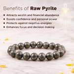 Raw pyrite bracelet with benefits listed on a light background