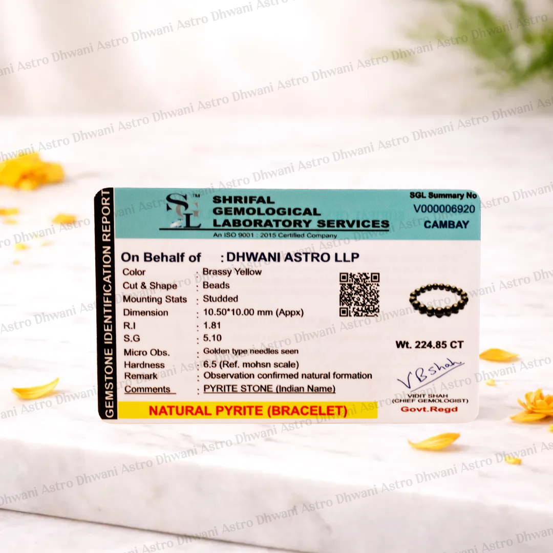 Shrifal Gemological Laboratory Services identification report for a natural pyrite bracelet on a white background with yellow flowers.