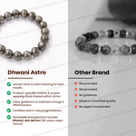 Beaded bracelets with comparison chart between Dhwani Astro and other brand on a white background.