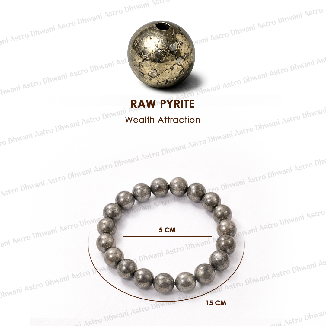 Raw pyrite bead and bracelet on a white background with text about wealth attraction.