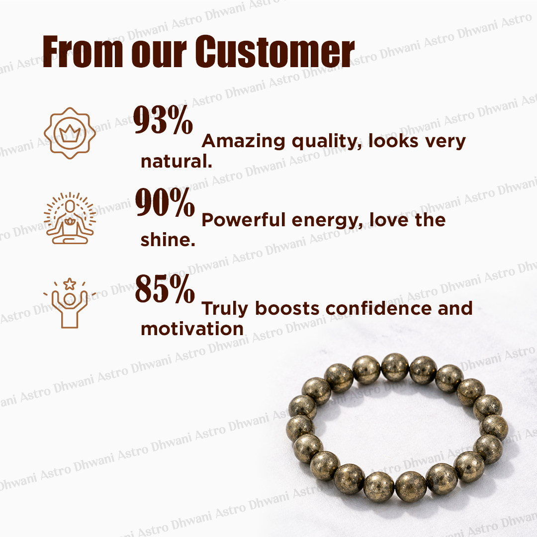 Beaded bracelet with customer feedback on quality, shine, and confidence boost on a white background.Raw Pyrite Bracelet for Attracts Wealth and Abundance