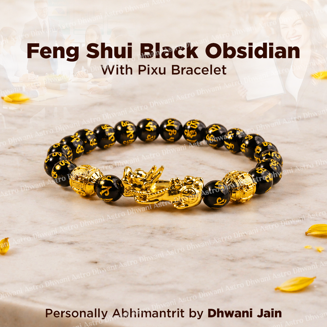 Feng Shui Black Obsidian bracelet with Pixu design on a light background