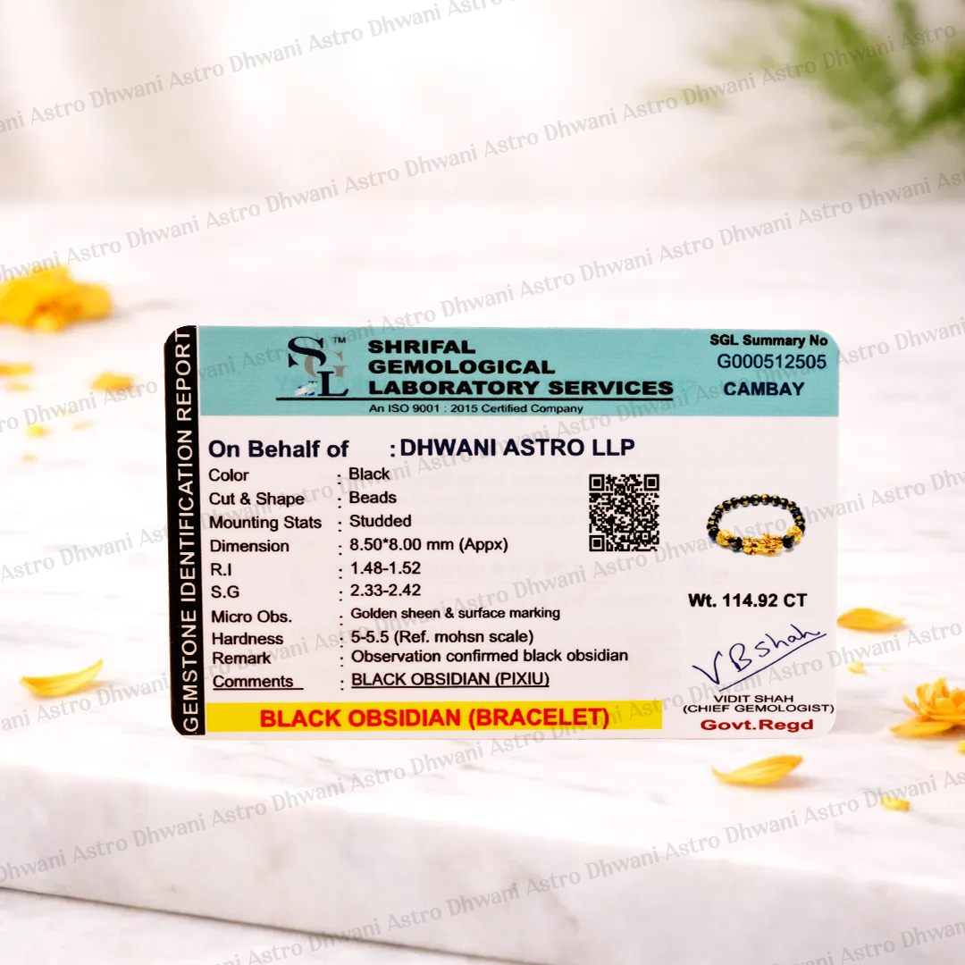 Shriful Gemological Laboratory Services identification report for a black obsidian bracelet on a white background with yellow flowers.