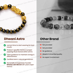 Beaded bracelets with gold accents on a white background, comparing Dhwani Astro to 'Other Brand'.