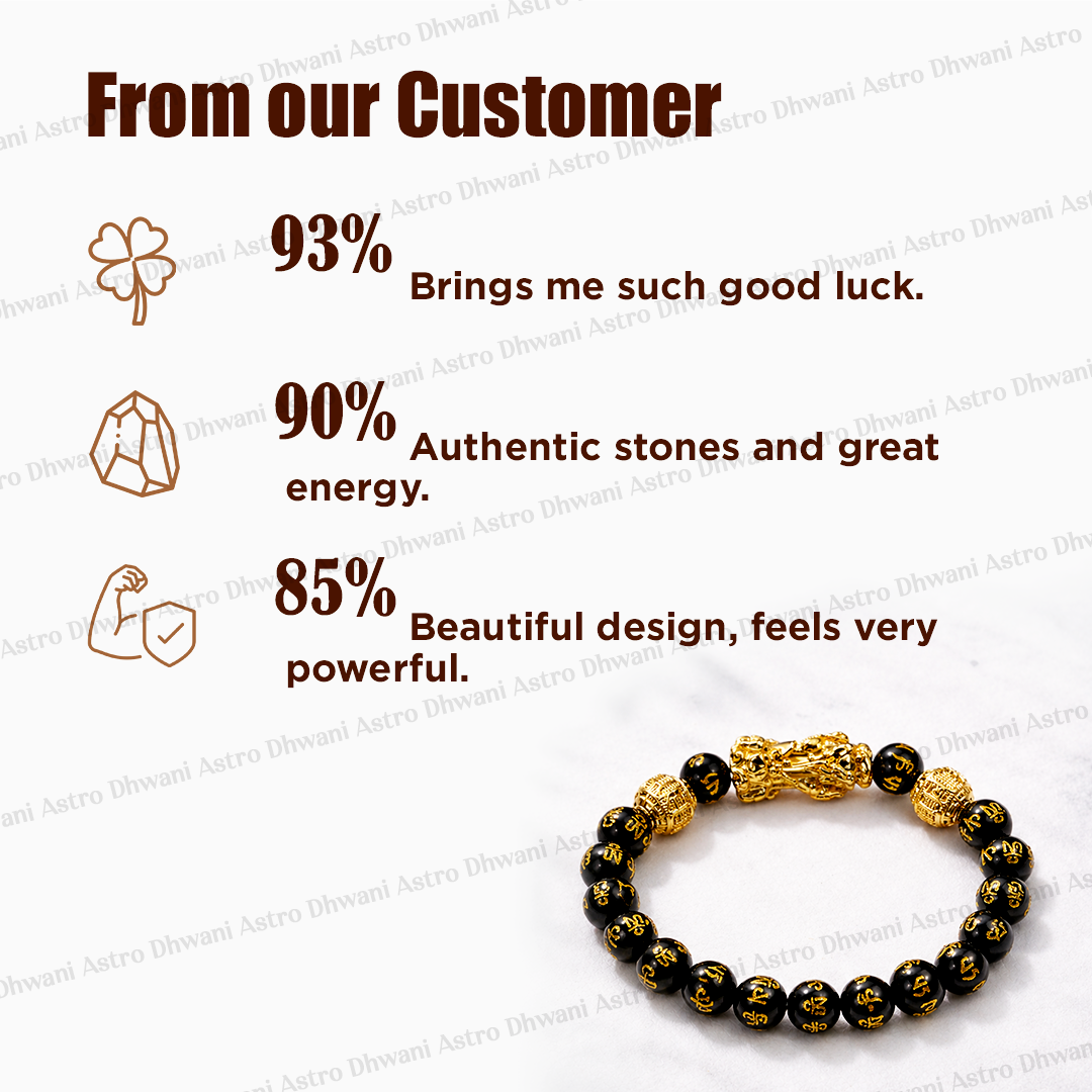 Black and gold beaded bracelet with customer feedback on a white background