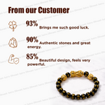 Black and gold beaded bracelet with customer feedback on a white background