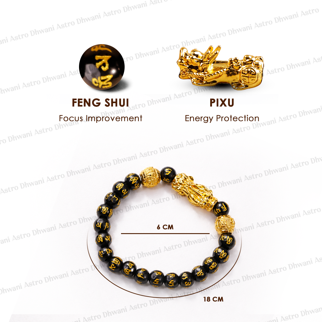 Black and gold bracelet with Feng Shui and Pixu symbols, labeled for focus improvement and energy protection.
