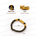 Black and gold bracelet with Feng Shui and Pixu symbols, labeled for focus improvement and energy protection.