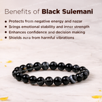 Black beaded bracelet with text on its benefits on a light background