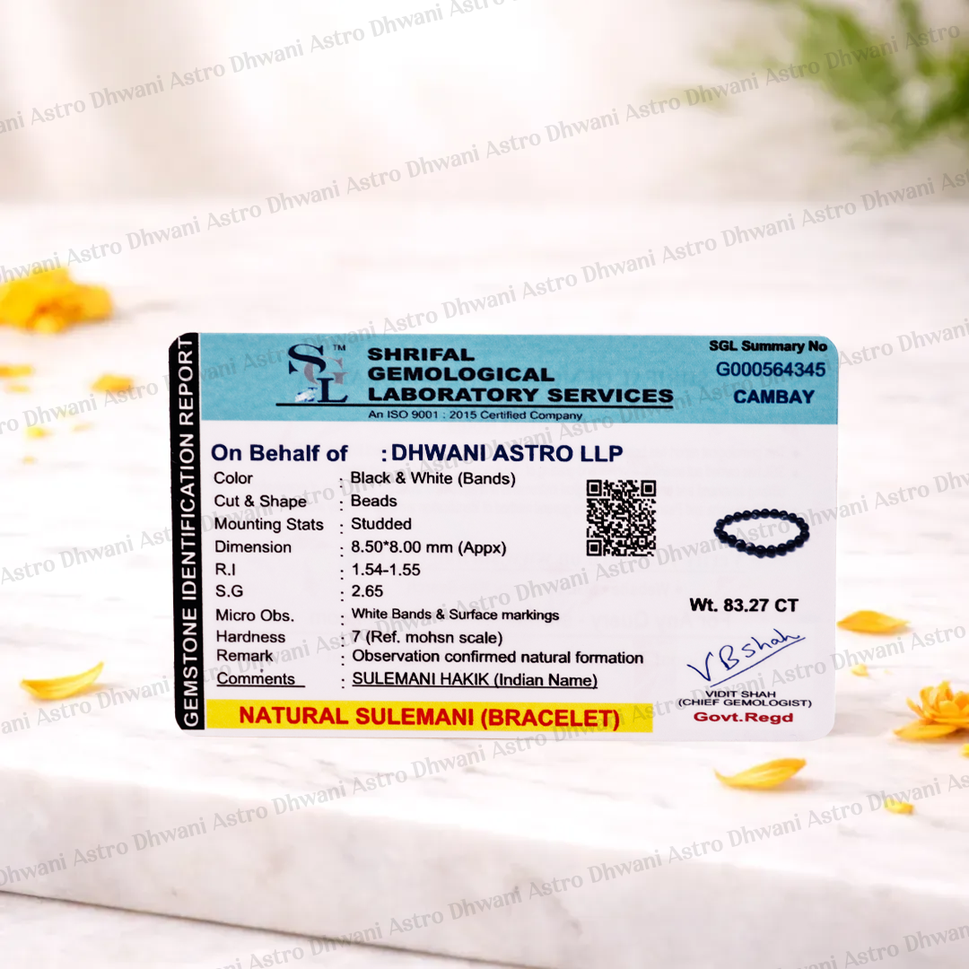 Shrilal Gemological Laboratory Services identification report for a natural Sulemani bracelet on a white background with yellow flowers.Black Sulemani Bracelet for Protection from Negative Energy
