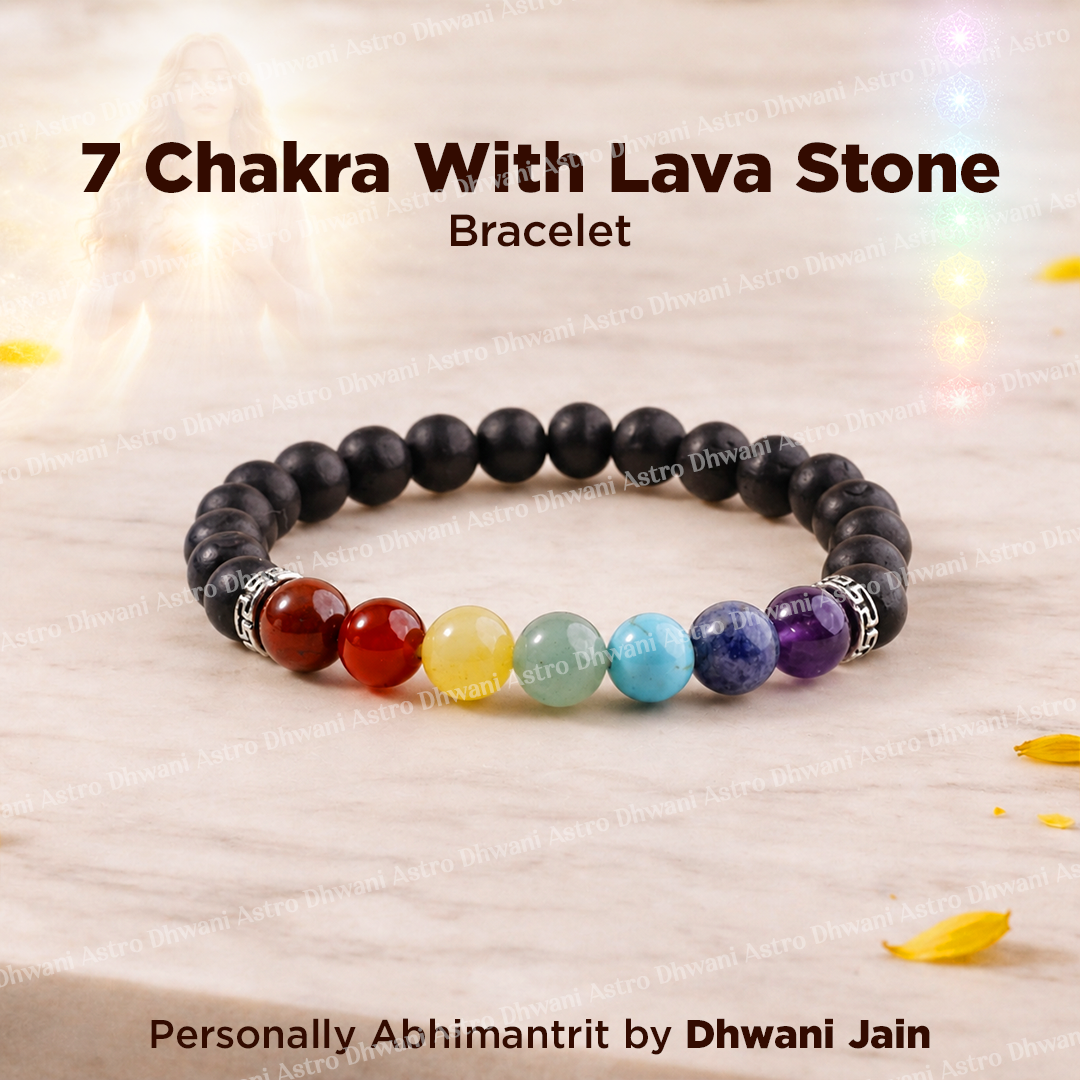 7 Chakra bracelet with lava stones on a light wooden background