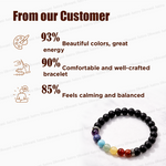 Black beaded bracelet with colored beads on a white background, featuring customer feedback text.