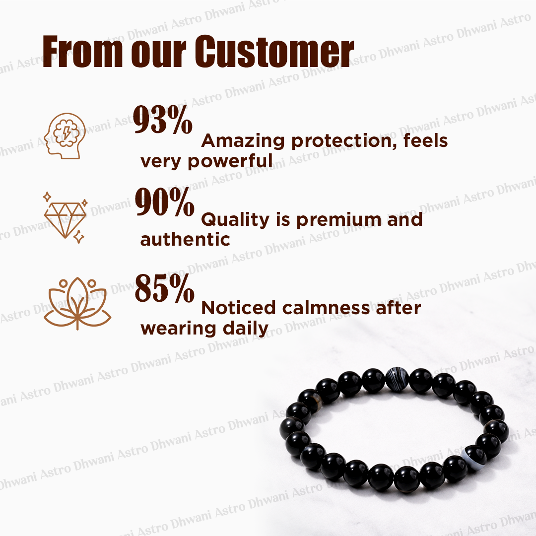 Black beaded bracelet with customer feedback on a white background