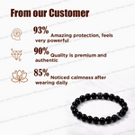 Black beaded bracelet with customer feedback on a white background