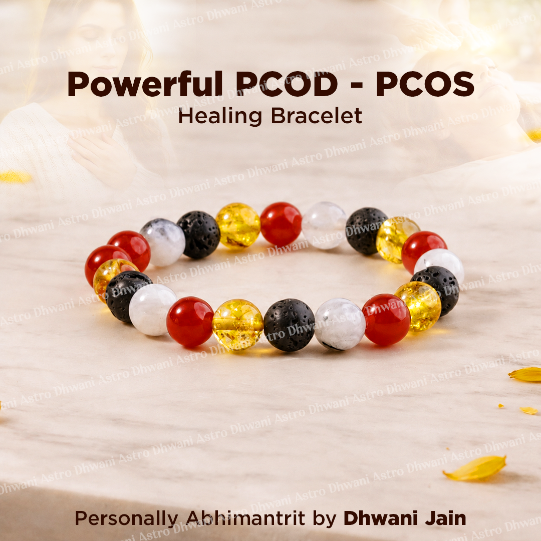 Colorful beaded bracelet on a textured surface with text about PCOD and PCOS healing.