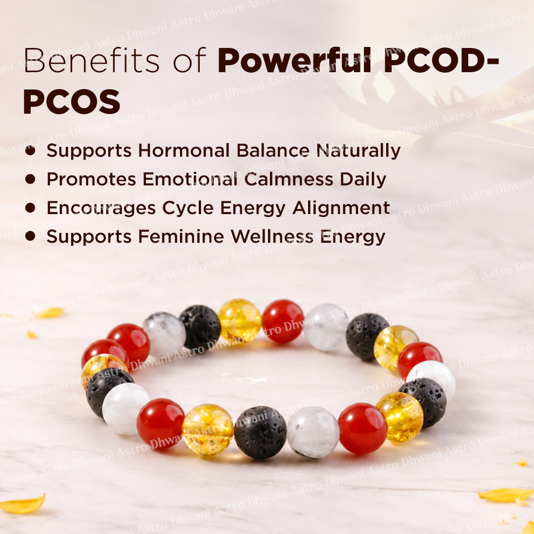 Colorful beaded bracelet with text about PCOD and PCOS benefits on a light background