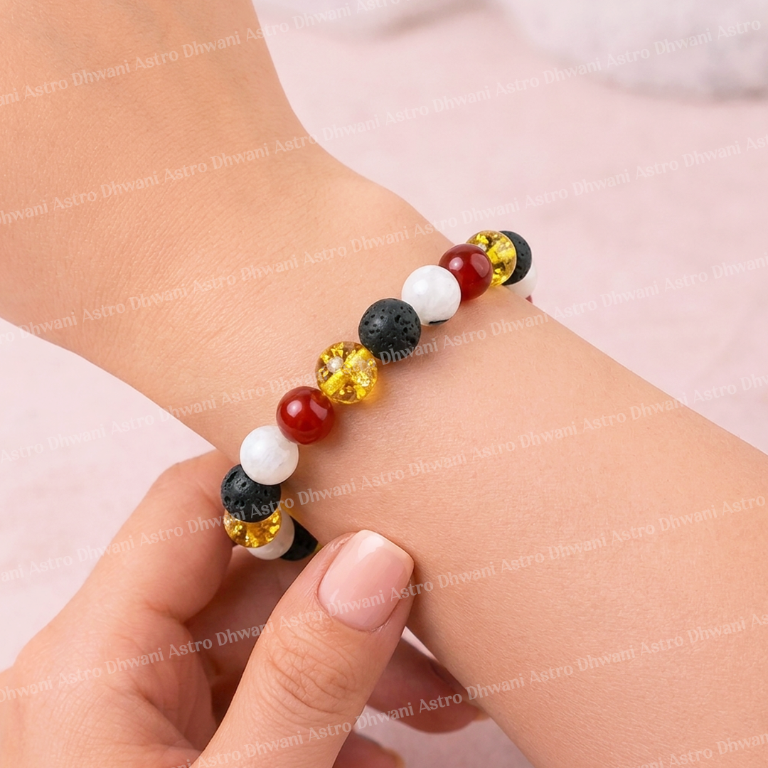 Bracelet with multicolored beads on a wrist against a light background
