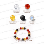 Set of colorful beads with labels and a bracelet on a white background