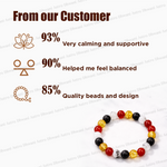 Bracelet with colored beads on a white background, featuring customer feedback text.