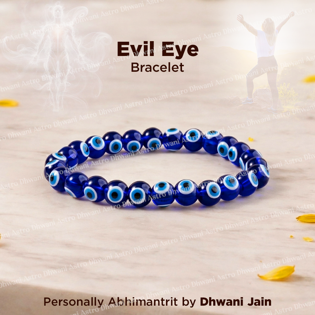 Blue evil eye bracelet on a light wooden surface with text indicating brand and creator.