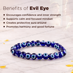 Blue beaded bracelet with 'evil eye' design on a light background, featuring text about its benefits.