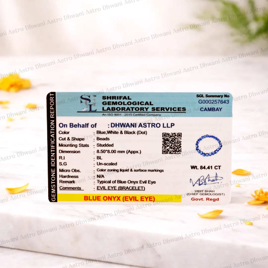 Shrilal Gemological Laboratory Services identification report for blue onyx stone on a white background with yellow flowers.