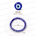 Blue evil eye bracelet with a close-up of an evil eye bead on a white background.