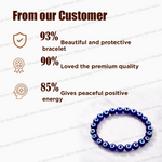 Blue beaded bracelet with customer feedback on a white background