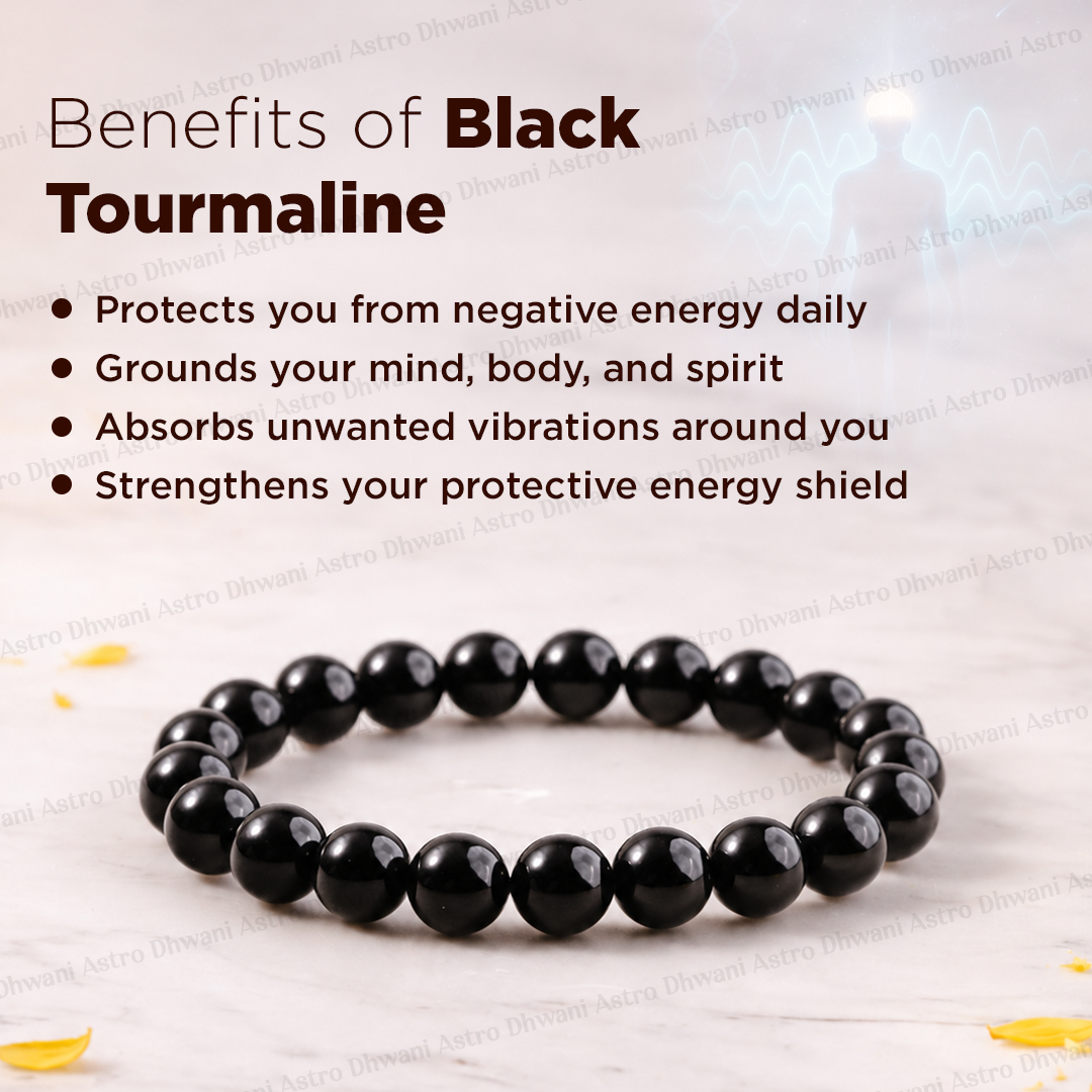 Black tourmaline bracelet with benefits listed on a light background